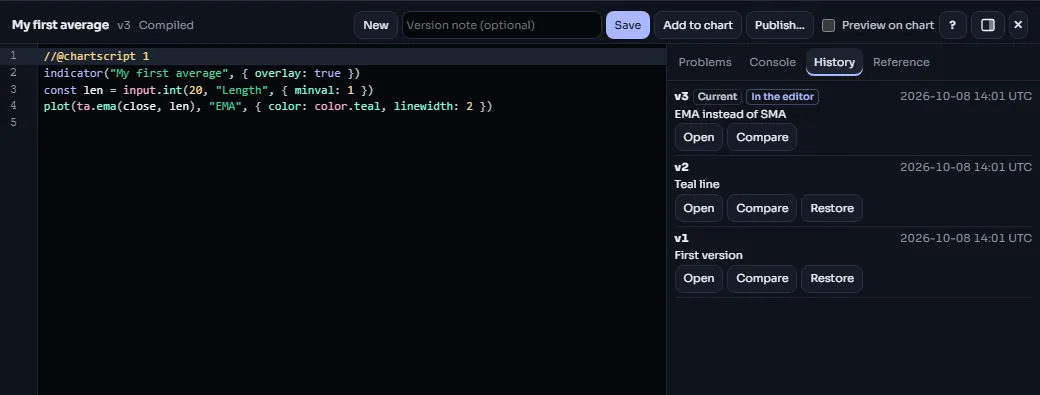 The History tab listing versions of a script with their notes and Open, Compare and Restore buttons