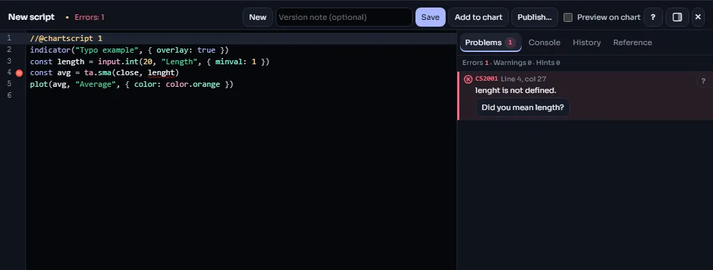 The ChartScript editor with an error squiggle in the code and the Problems tab listing the error with its code, line and a quick fix button
