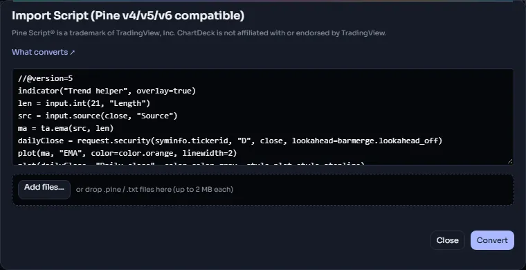 The import dialog: a paste box, an Add files button and a Convert button