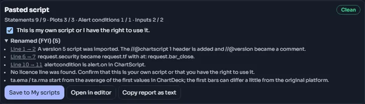 An import report card: the verdict chip, the kept / total numbers, collapsible groups of items with line links, and the Save, Open in editor and Copy buttons
