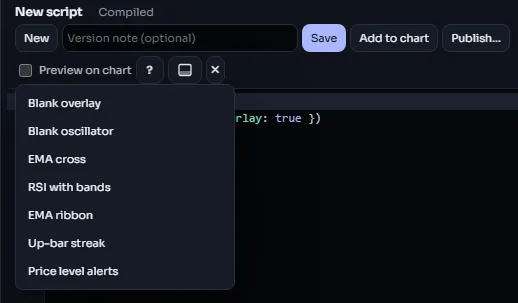 The New menu of the editor listing the starter templates