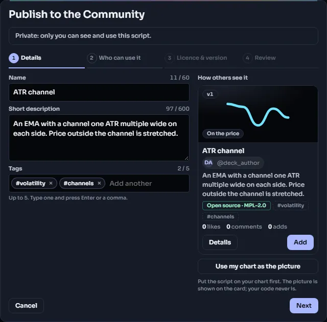 Step 1 of the publish dialog, Details: the four steps at the top, the name, short description and tags, and the live card that shows how others will see the script