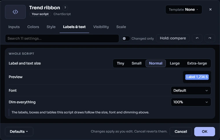 The Labels & text tab: Label and text size with Tiny, Small, Normal, Large and Extra-large, a Preview label, Font and Dim everything, and a note that the script's labels, boxes and tables follow these settings